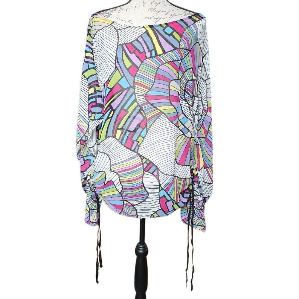 Bisou Bisou Women's Size Large Multicolor Sheer Poncho Rose Graphic Blouse